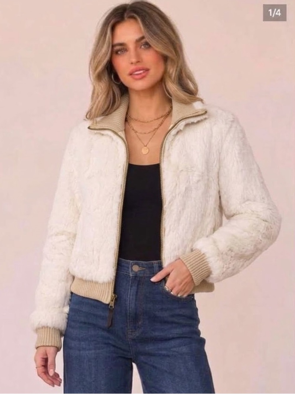 Vintage Women's White Rabbit Fur Zip Up Bomber Jacket (Size XS)